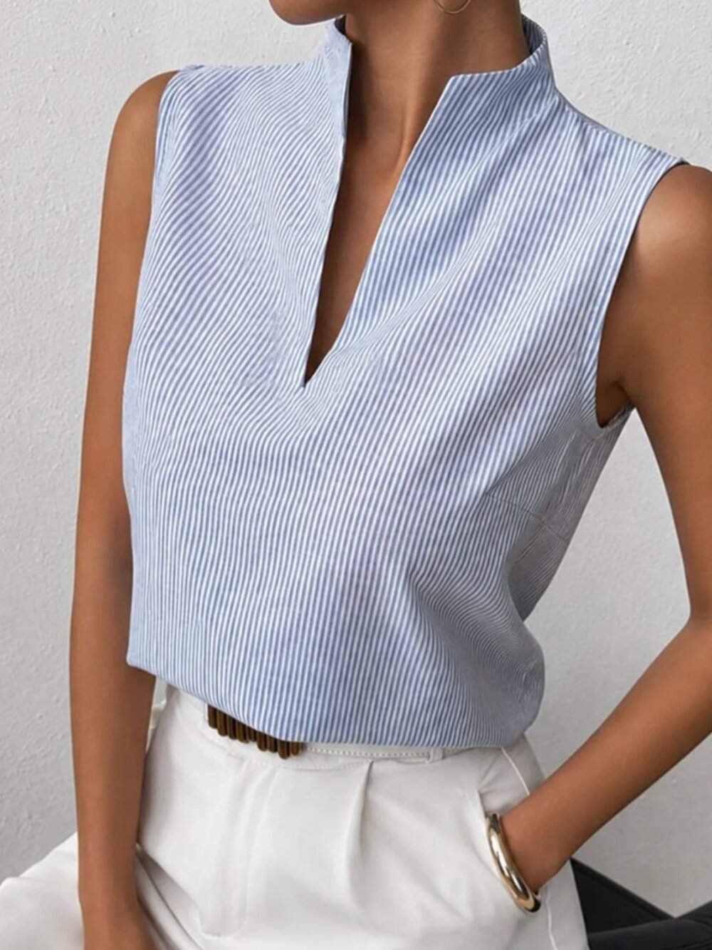 Commense Striped Stand Collar Sleeveless Blouse M